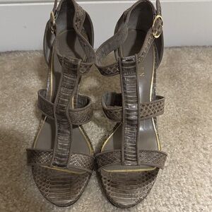 Lauren Ralph Lauren Taupe Snake-Embossed T-Strap Heels with Gold Trim
